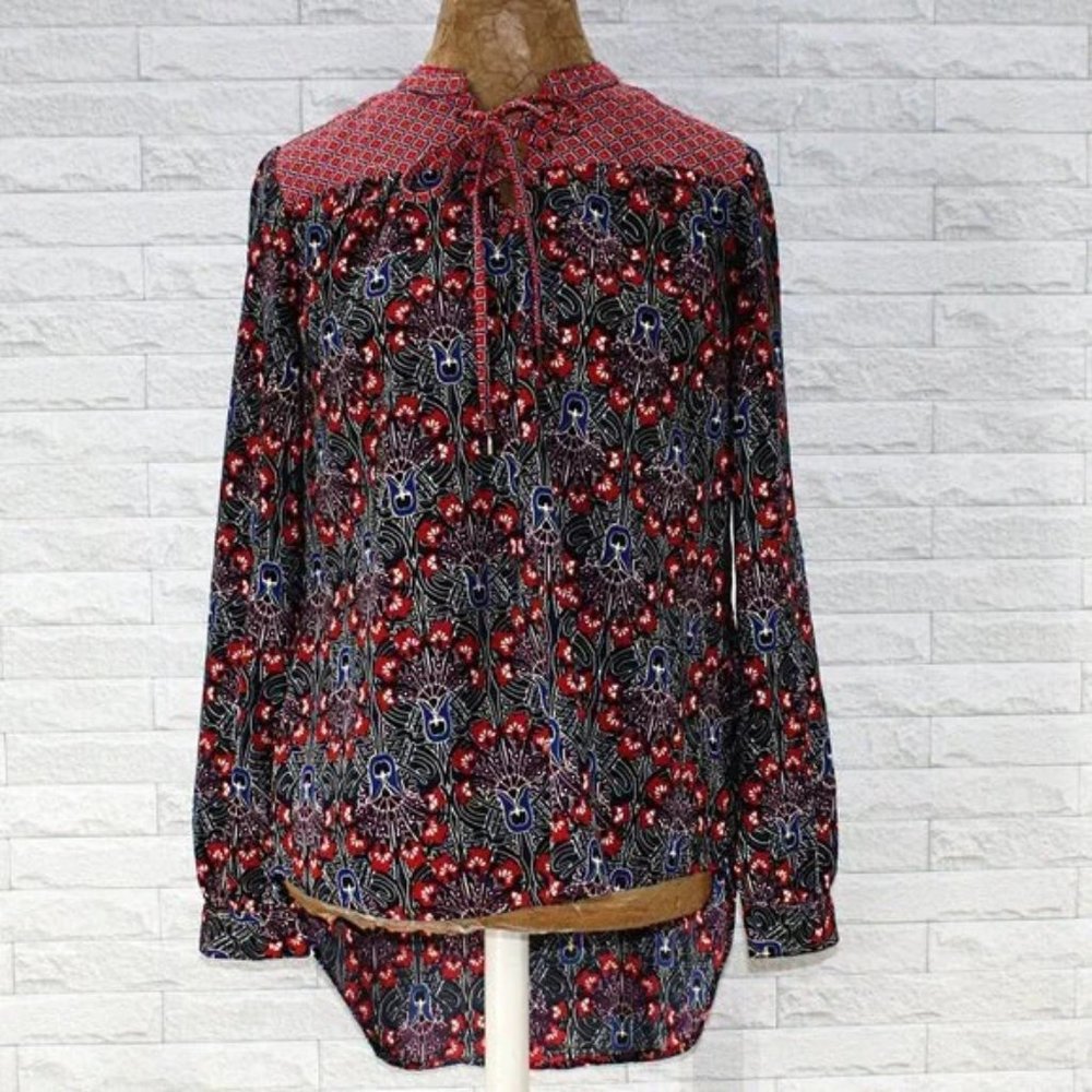 CATO Blouse Lace Up Red Floral Patchwork Long Sleeve Tunic Small